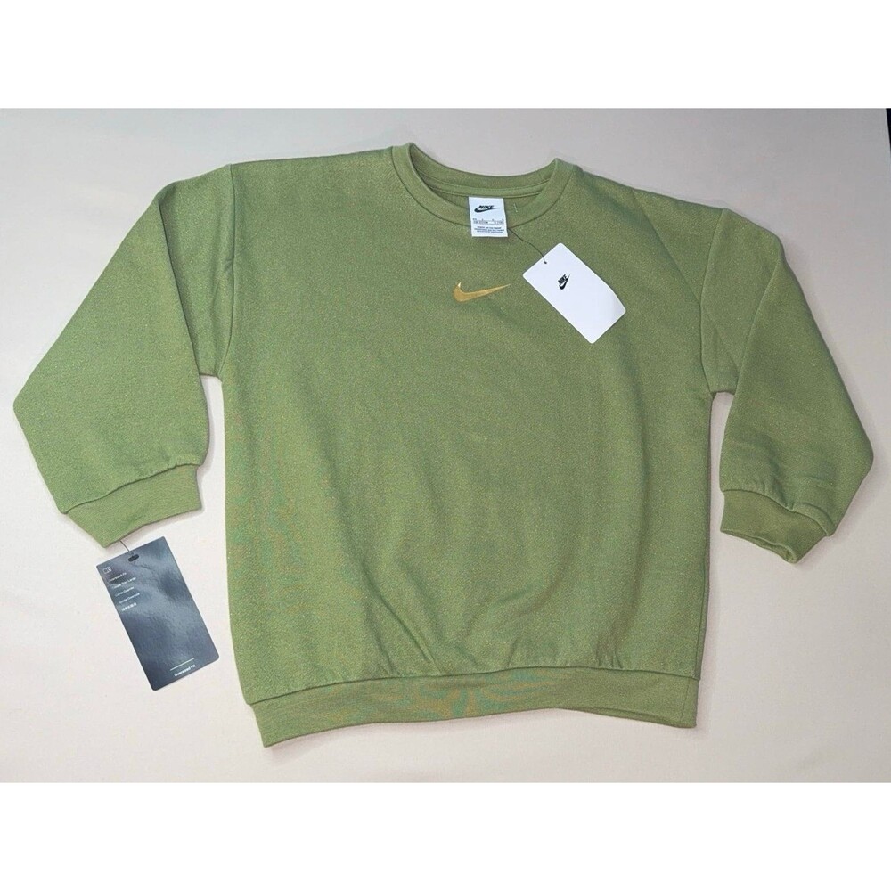 Nike Girls Oversized Fleece Crewneck Sweatshirt Alligator Green Center Swoosh 6X